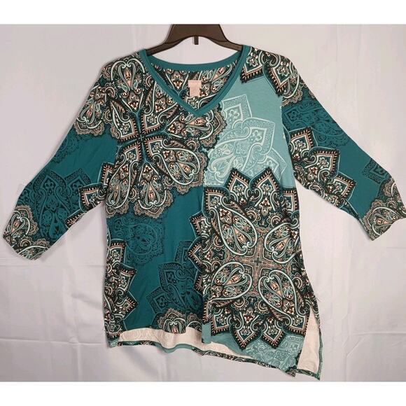 Chicos Tunic Size 3 (22/24) Green Paisley 3/4 Sleeve Baroque Asymmetric Hem EUC - Picture 1 of 10